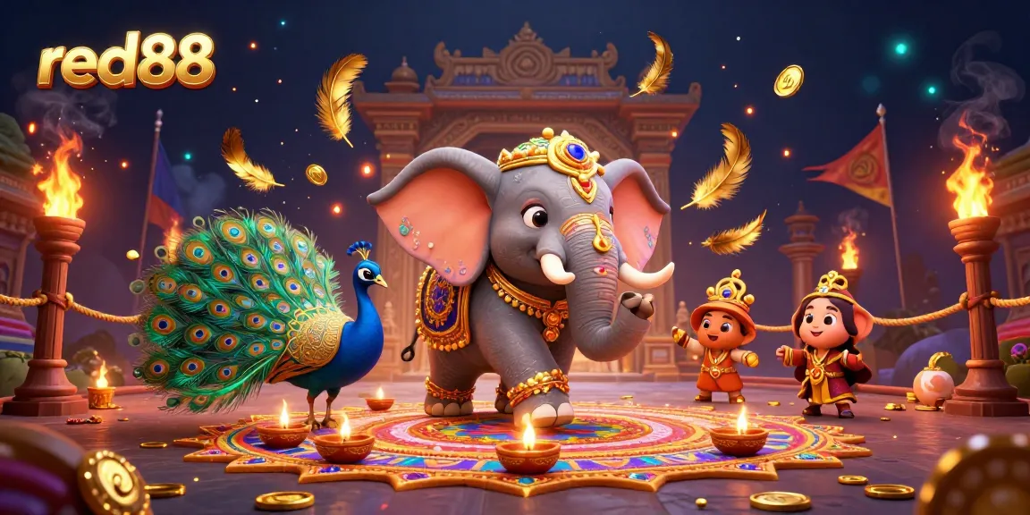 Experience the excitement of red88 with a vibrant casino-themed illustration featuring a decorative elephant and peacock.