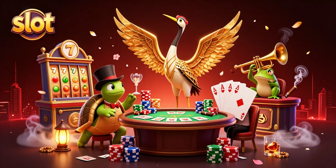 Spin vibrant slot reels as a fun-loving turtle, crane, and frog celebrate at a speakeasy.