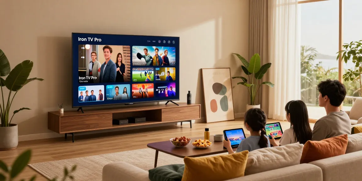 Family streaming content on Smart TV with Iron TV Pro in cozy living room.