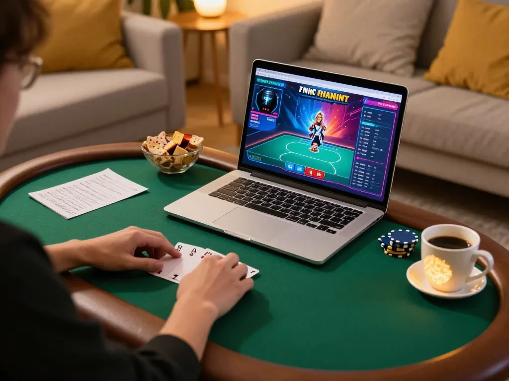 Sunwin poker gameplay in a cozy home setup with laptop and strategy notes.