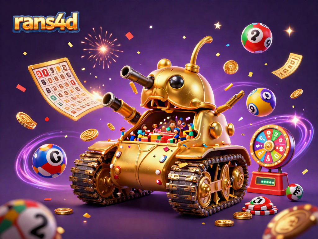 RANS4D menampilkan tank keong emas yang berisi kasino mini, dikelilingi bola lotere berwarna-warni.