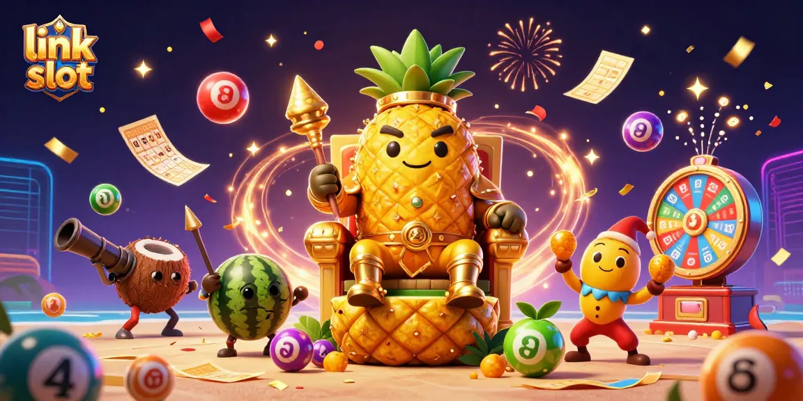 Temukan link slot dengan raja nanas emas dan elemen kasino ceria dalam ilustrasi 3D dinamis.
