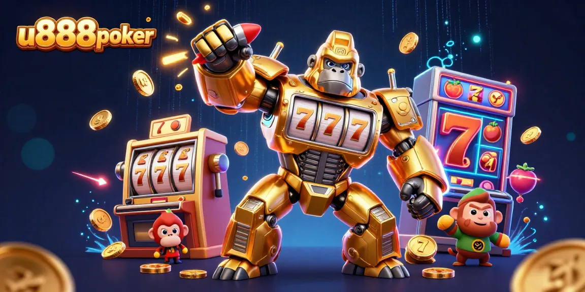 Engage with u888poker's golden gorilla mech smashing jackpots with thrilling slot elements and playful energy.