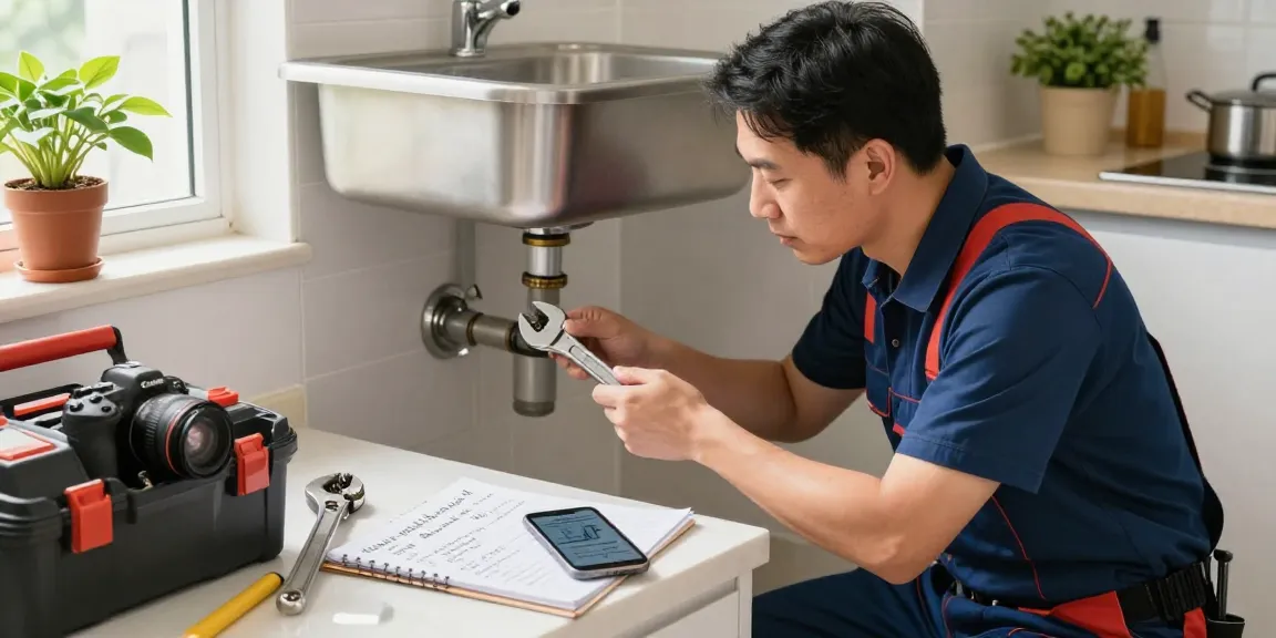 Expert plumber Hong Kong inspecting a leaking sink with tools in a bright kitchen, showcasing professional plumbing services.