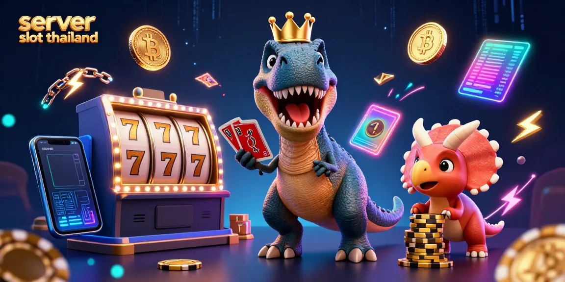 Engaging representation of server slot thailand with a T-Rex shuffling cards at a lively casino scene