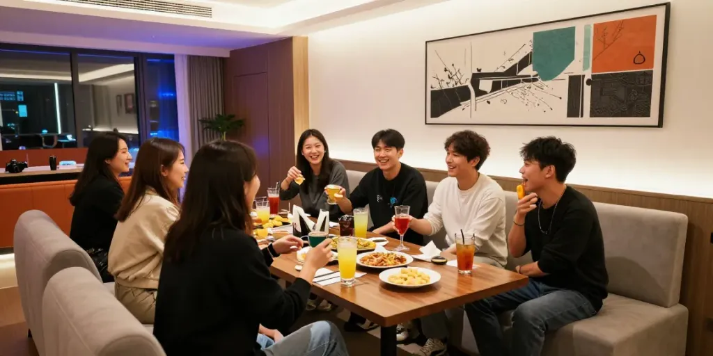 강남 구구단에서 친구들과 즐거운 시간을 보내는 모습, 사적인 룸의 아늑한 분위기.
