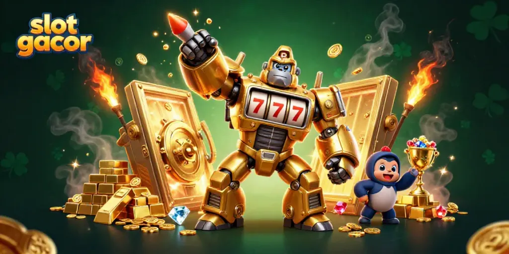 Experience thrill with slot gacor featuring a golden gorilla mech and exploding coins.
