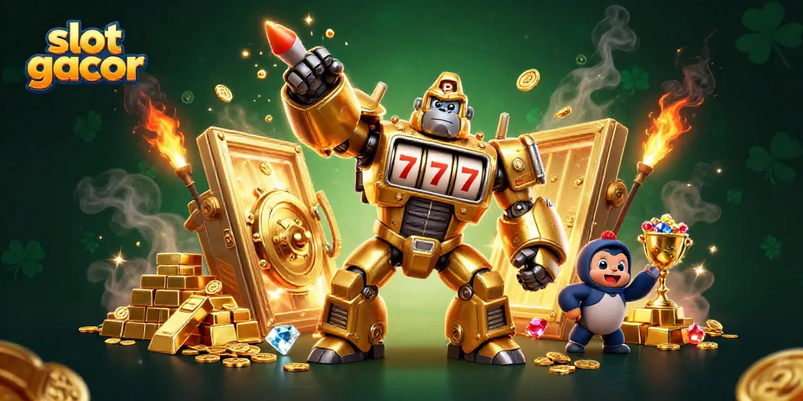 Experience thrill with slot gacor featuring a golden gorilla mech and exploding coins.