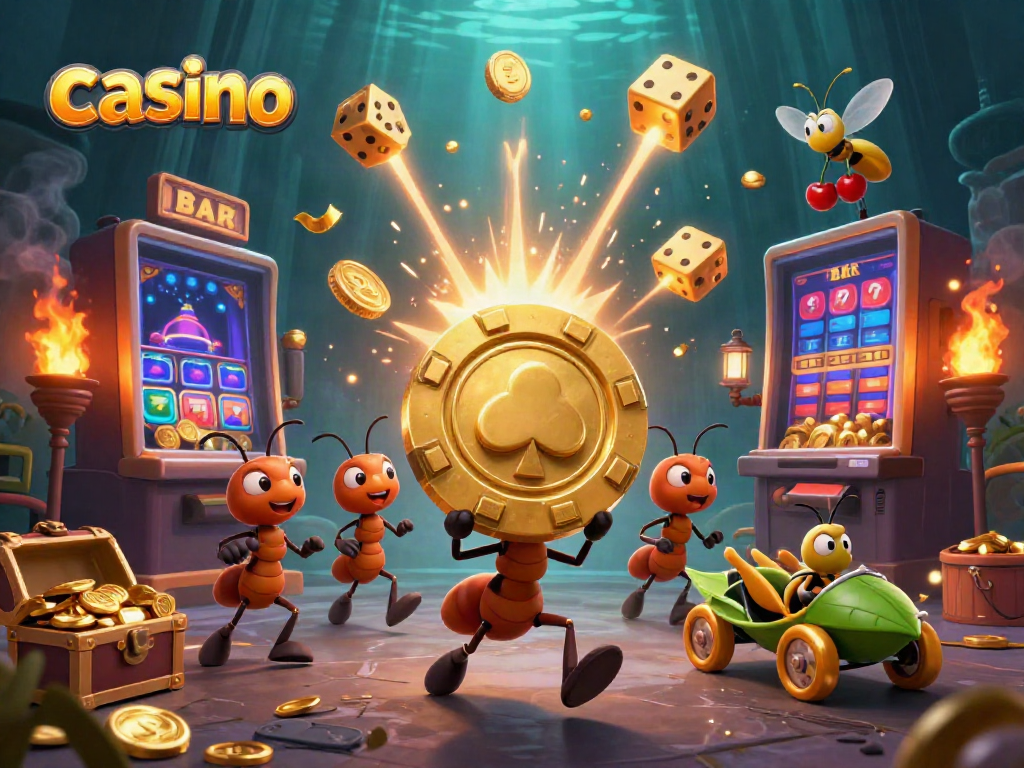 Ants heisting a massive poker chip in a colorful casino scene filled with gaming elements.