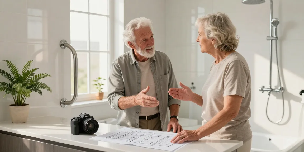 Safehome expert advising elderly couple on bathroom safety renovations, promoting comfort and accessibility.