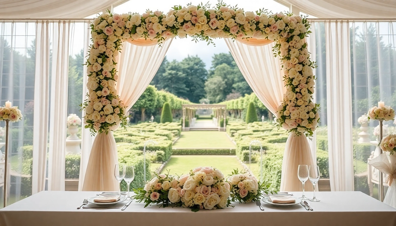 Experience the charm of the Best Wedding Venue Jacksonville, featuring a stunning floral arch and elegant table setup.