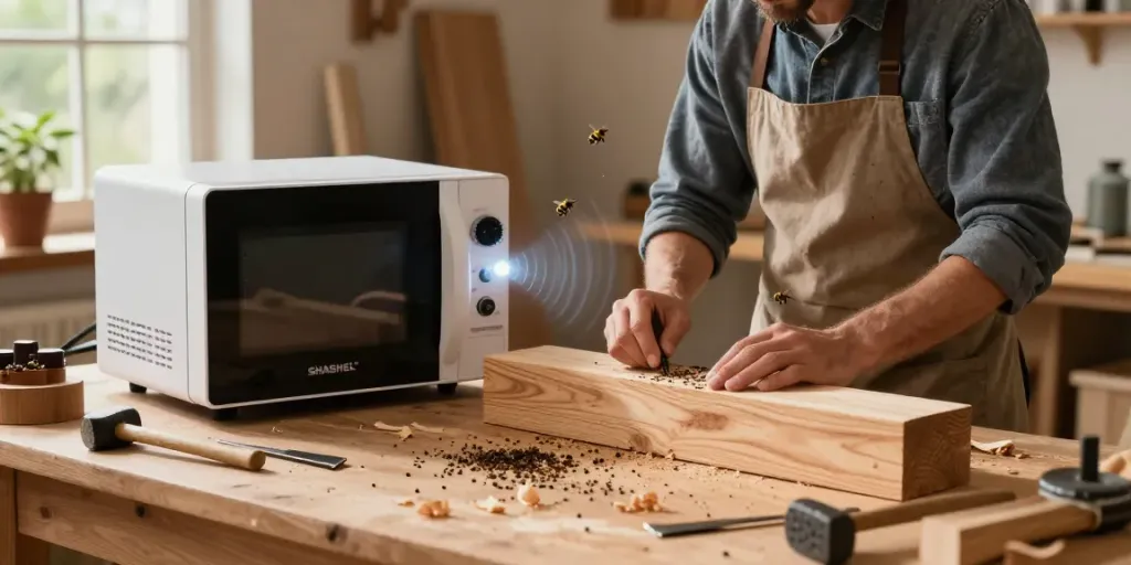 SHASHEL® technology eliminates wood-boring insects in a charming workshop with natural light and wooden tools.