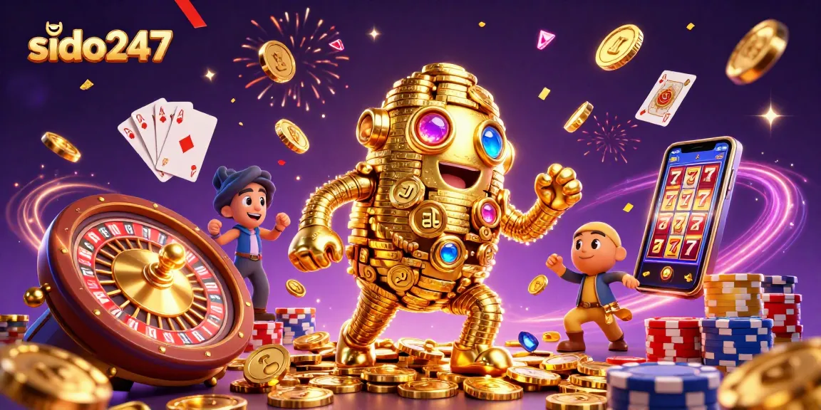 Win big with sido247 in this lively casino scene featuring gold coins, cards, and roulette wheel.