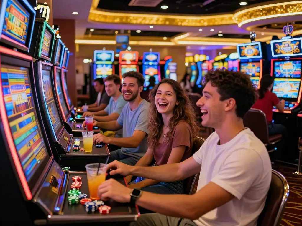 Slot machines with players enjoying a vibrant casino atmosphere.