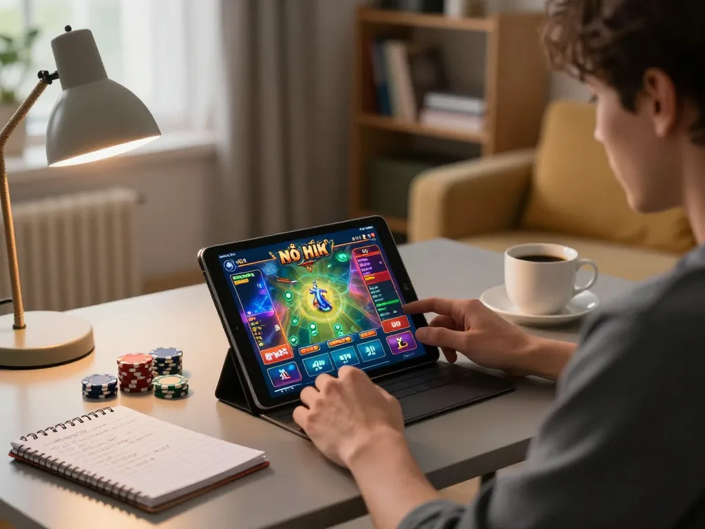 Engaging in game nổ hũ online while analyzing strategies at home, showcasing a cozy gaming setup with tablet and notes.