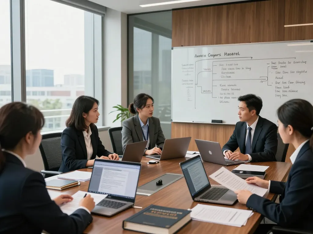 Collaborating USA lawyers discussing case strategies in a modern law office.
