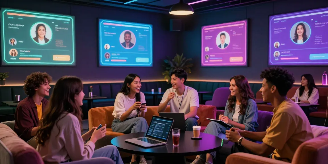 Porn chat AI virtual interaction scene with engaged young adults enjoying a sleek digital lounge atmosphere