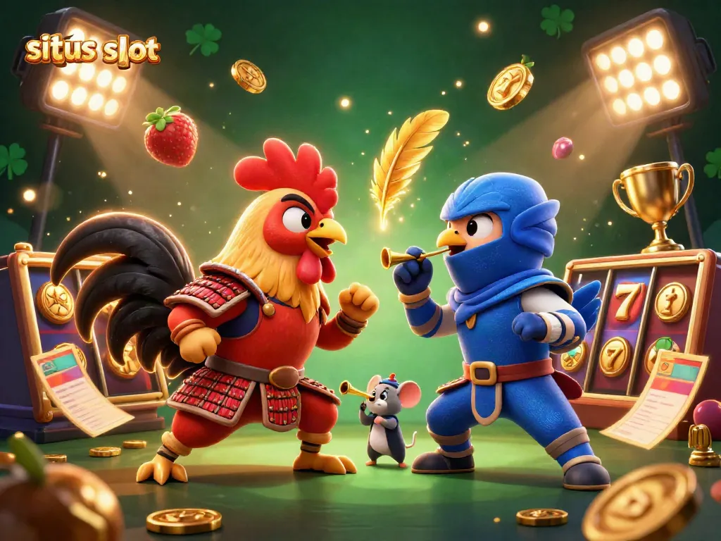 Engage with situs slot as cartoon roosters battle amidst golden slot symbols and vibrant elements in a casino-themed artwork.