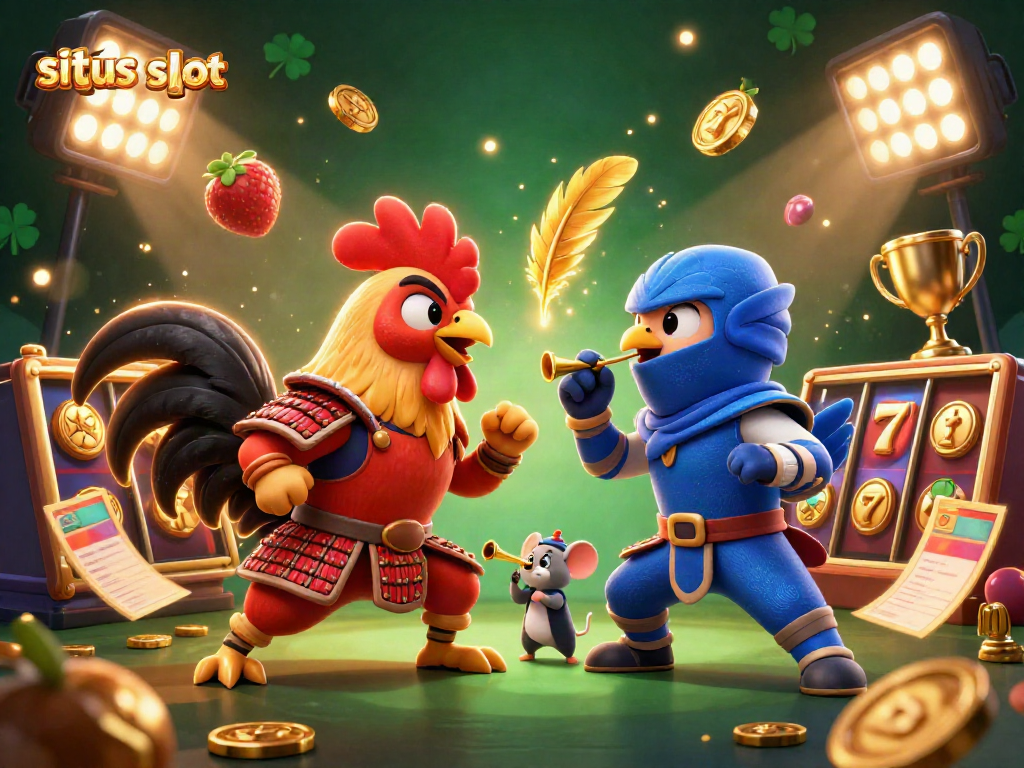 Engage with situs slot as cartoon roosters battle amidst golden slot symbols and vibrant elements in a casino-themed artwork.