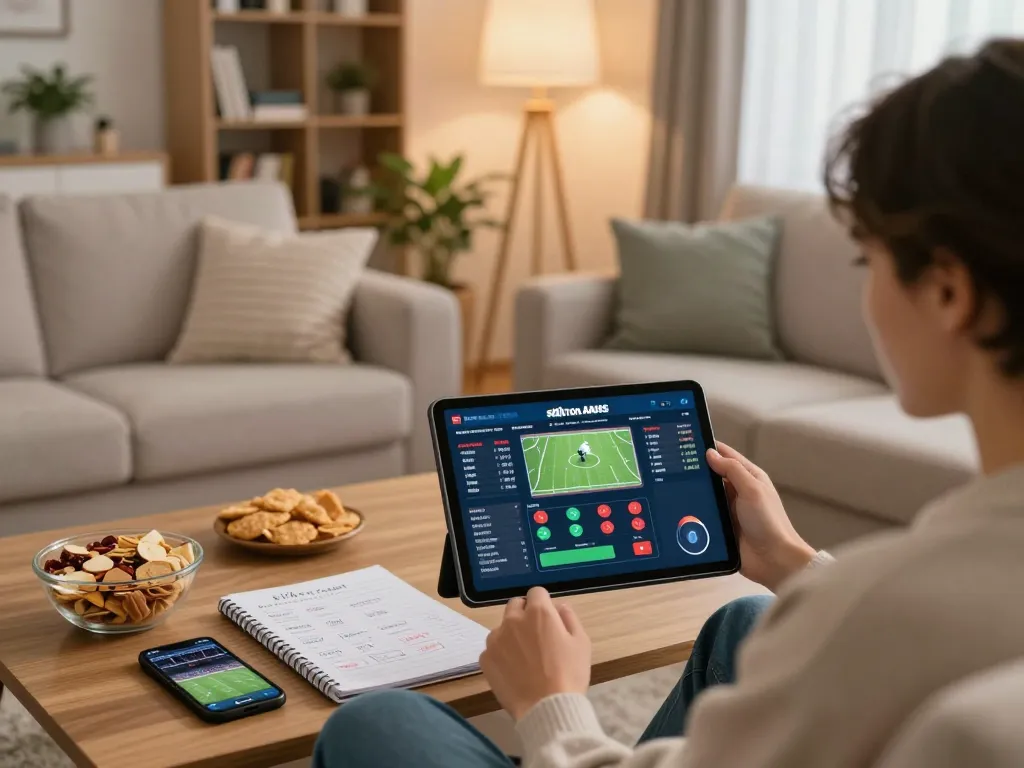 Siti non AAMS presentati in una confortevole configurazione di scommesse sportive domestiche, con una persona impegnata nel gioco d'azzardo online su un tablet.