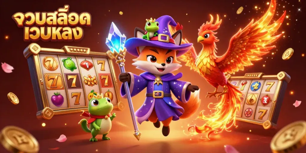 Spin and win with รวมสล็อตเว็บตรง featuring a wizard fox, phoenix, and vibrant slot elements.