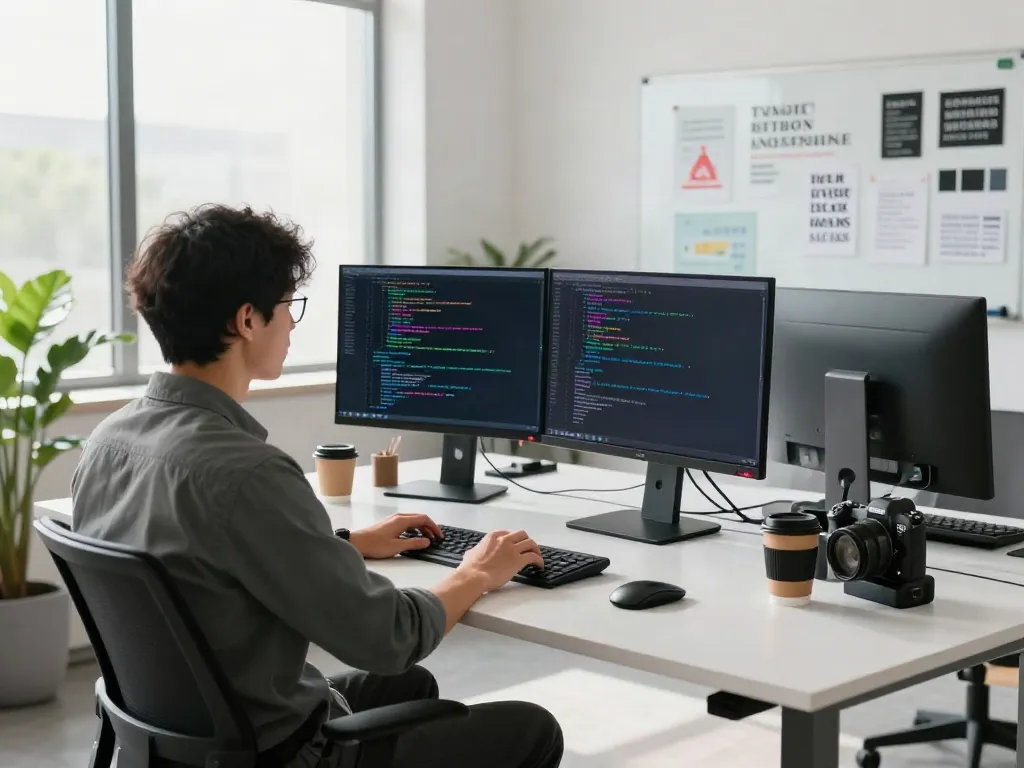 Developer using the Brave browser at a modern tech workspace.