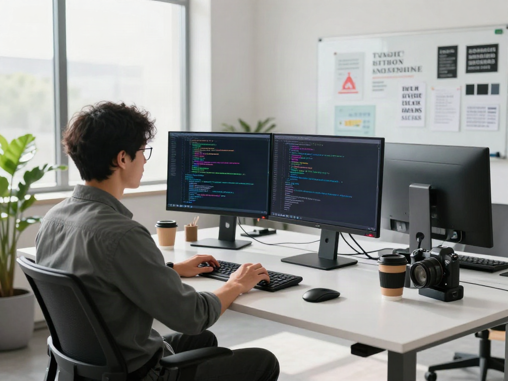 Developer using the Brave browser at a modern tech workspace.