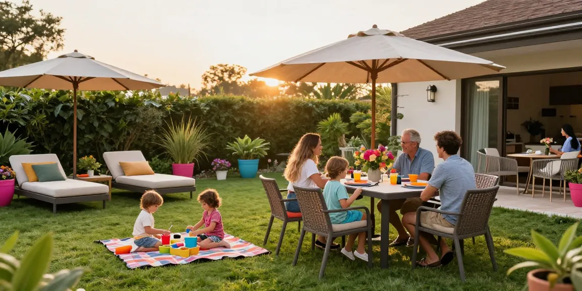 Family enjoying a vibrant garden patio furniture setup with colorful dining and relaxing areas.