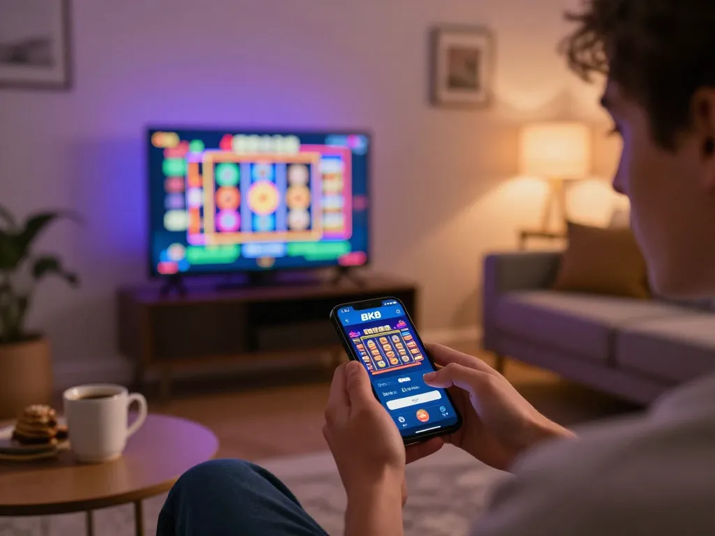 Enjoying BK8 mobile gaming with an engaging slot interface in a cozy home environment.