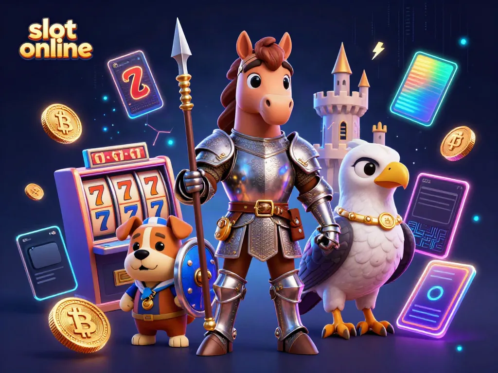 Permainan slot online menampilkan ksatria, anjing, dan falcon dalam ilustrasi digital menarik.