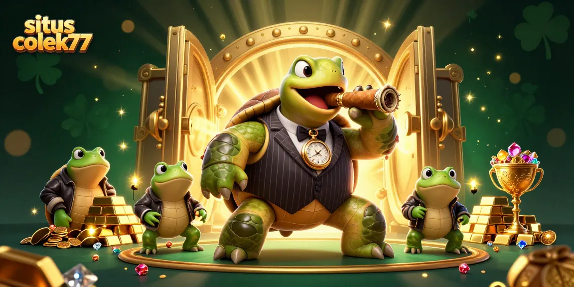 Win big at situs colek77 with a vibrant casino scene featuring a mobster turtle and bullfrog enforcers.