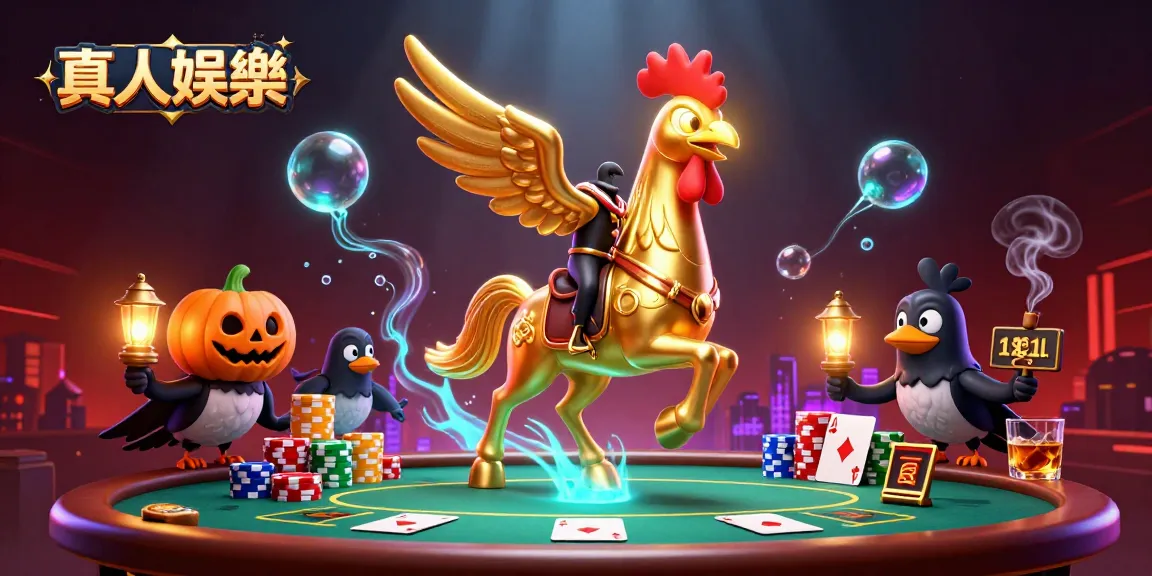 Engage in thrilling 真人娛樂 with a vibrant scene of a golden rooster and spectral companions amid casino excitement.
