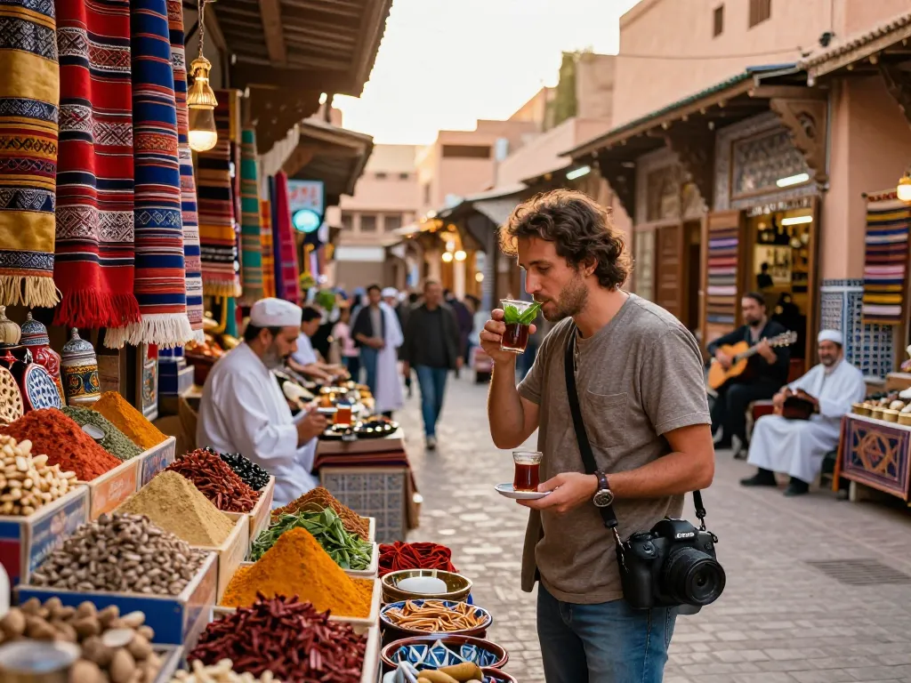 Vibrant scene of a traveler engaging with local artisans in the medina, showcasing the rich culture offered by a morocco travel company.