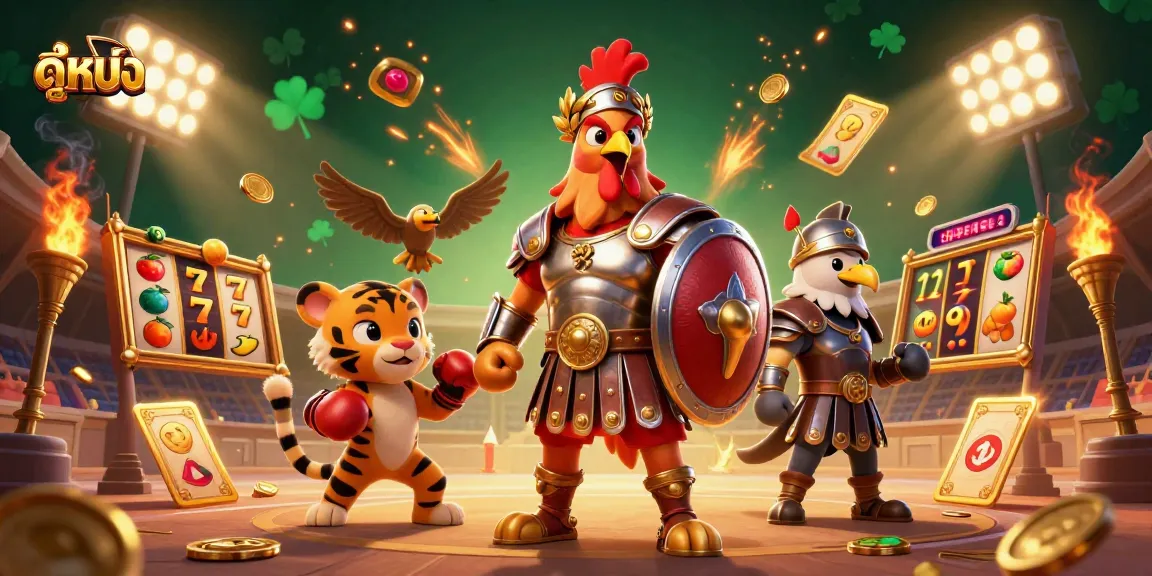 Engaging ดูหนัง scene showcasing a gladiator rooster amidst slot reels and vibrant casino elements.