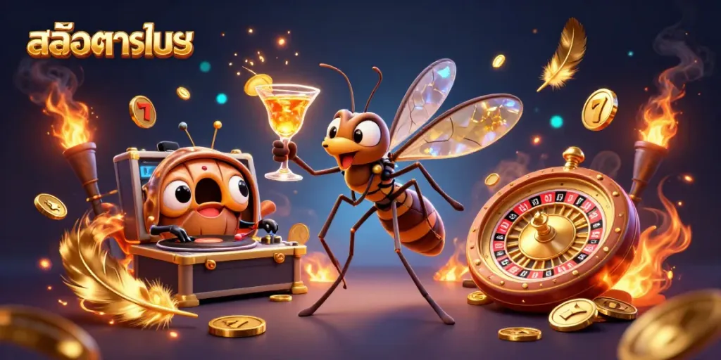 Experience สล็อตทดลอง in a vibrant casino scene with lively characters and rich game elements.