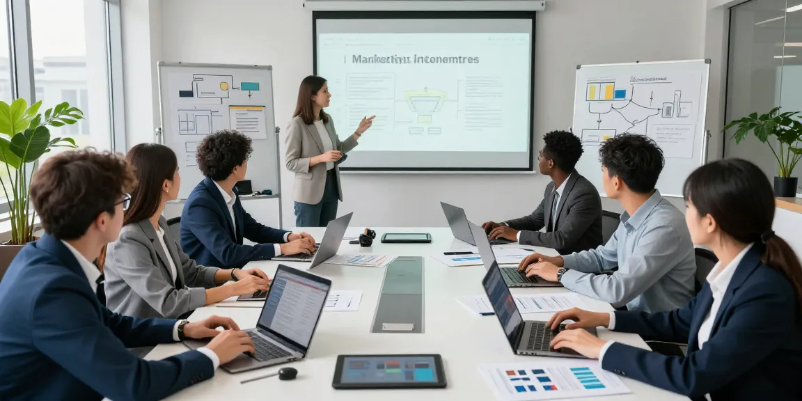 Engaging team collaboration during Advanced marketing strategies training session in a modern office setting.