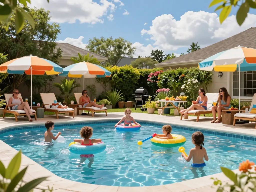 Dolphin Pool Services provides expert care for your pool, showcased in a vibrant family gathering by a sparkling pool.
