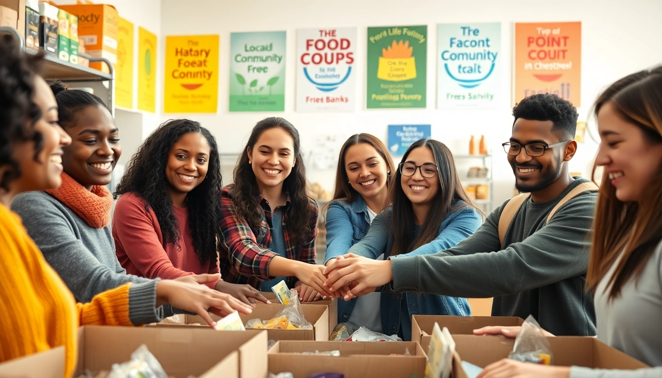 College volunteering initiative where students assist in packing food boxes at a local food bank.