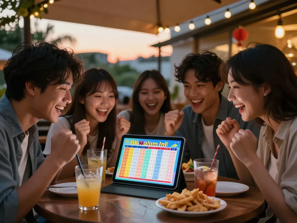 Friends celebrating HK Malam Ini lottery results at a cozy café.
