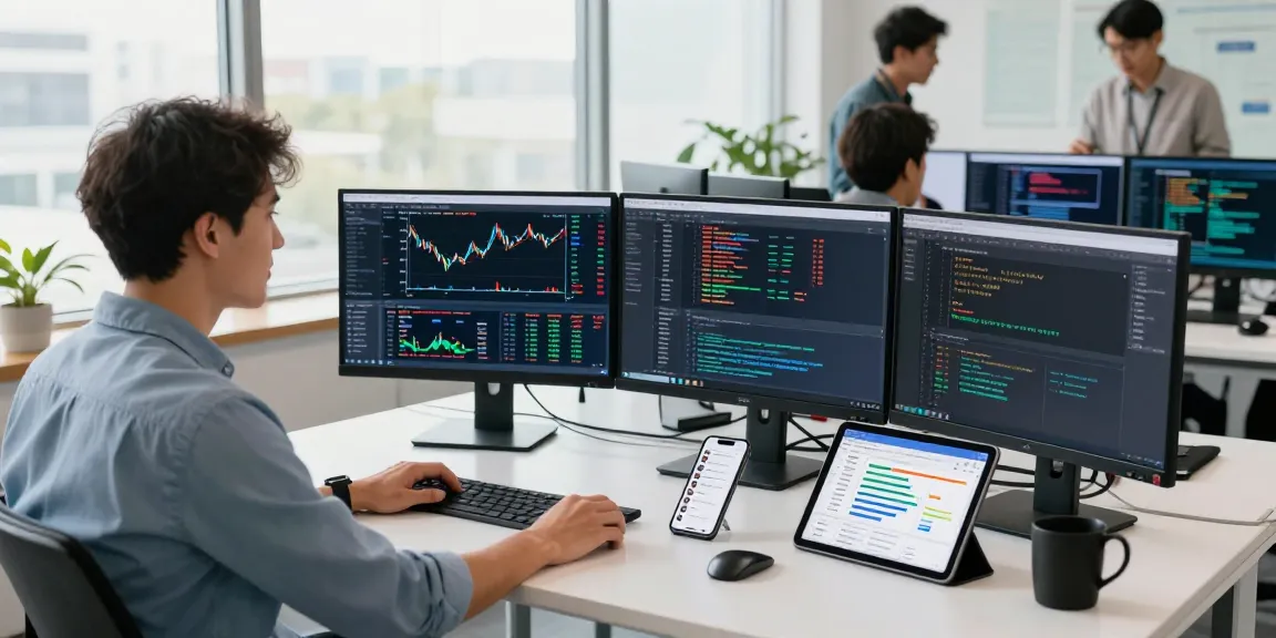 Developer using Germany stock real-time API on multiple screens in a bright workspace with collaborators in the background.