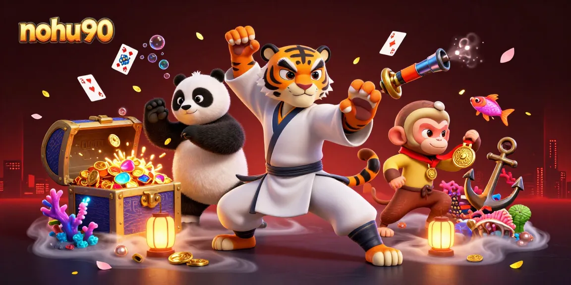 Nohu90 brings excitement with a cartoon tiger mastering skills amidst vibrant casino-themed graphics.