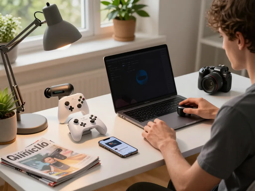 Reviewing cool tech gadgets under $127 in a cozy home office environment with various innovative devices displayed.