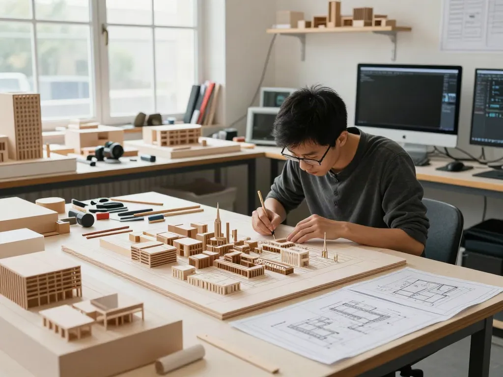 Expert architectural model maker France creating detailed city models in a bright studio setting.