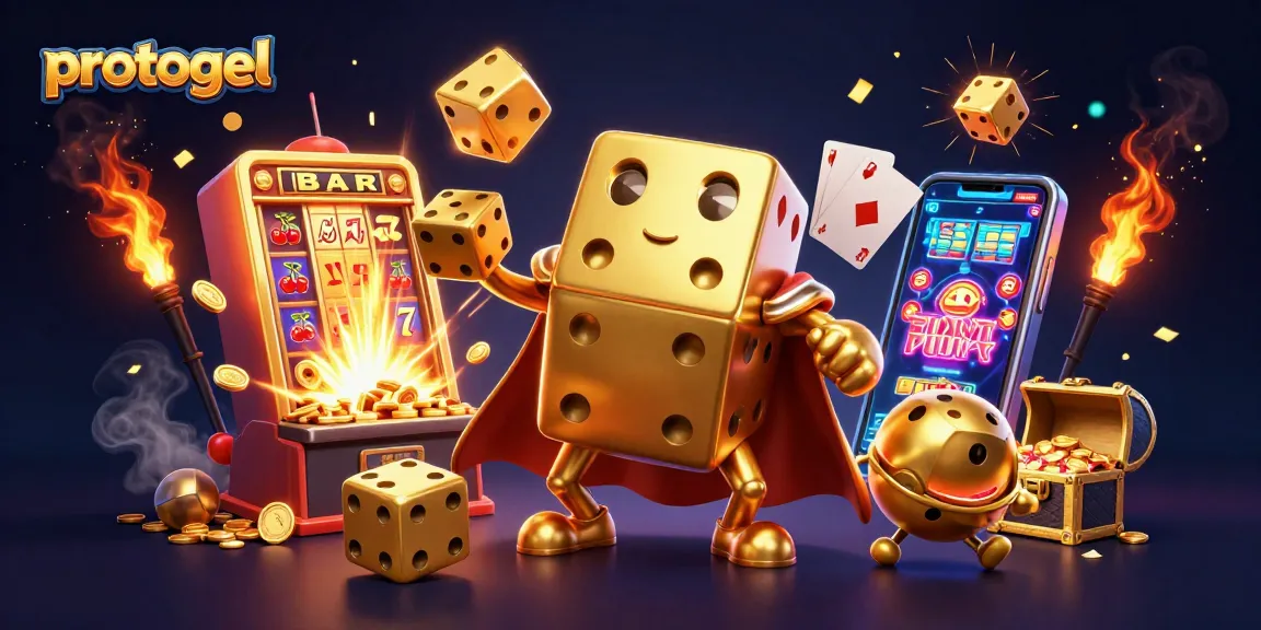 Experience winning thrills with protogel in this vibrant 3D gambling scene featuring golden dice, slots, and jackpots.