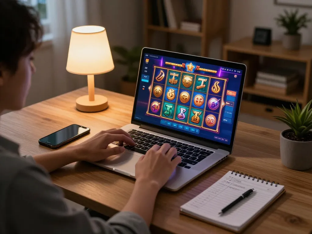Playing an engaging slot deposit 1000 game on a laptop at home, surrounded by strategy notes and a smartphone.