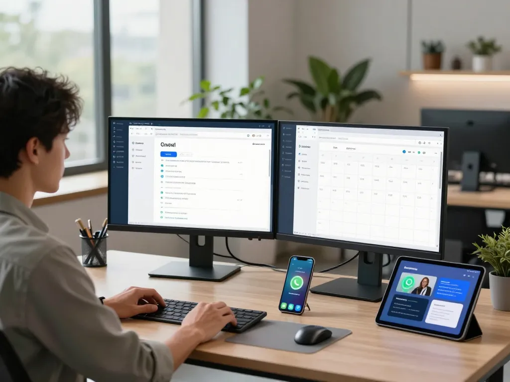 Engaging home office scene with user interacting with OpenClawd personal AI assistant on dual screens, showcasing productivity and tech innovation.