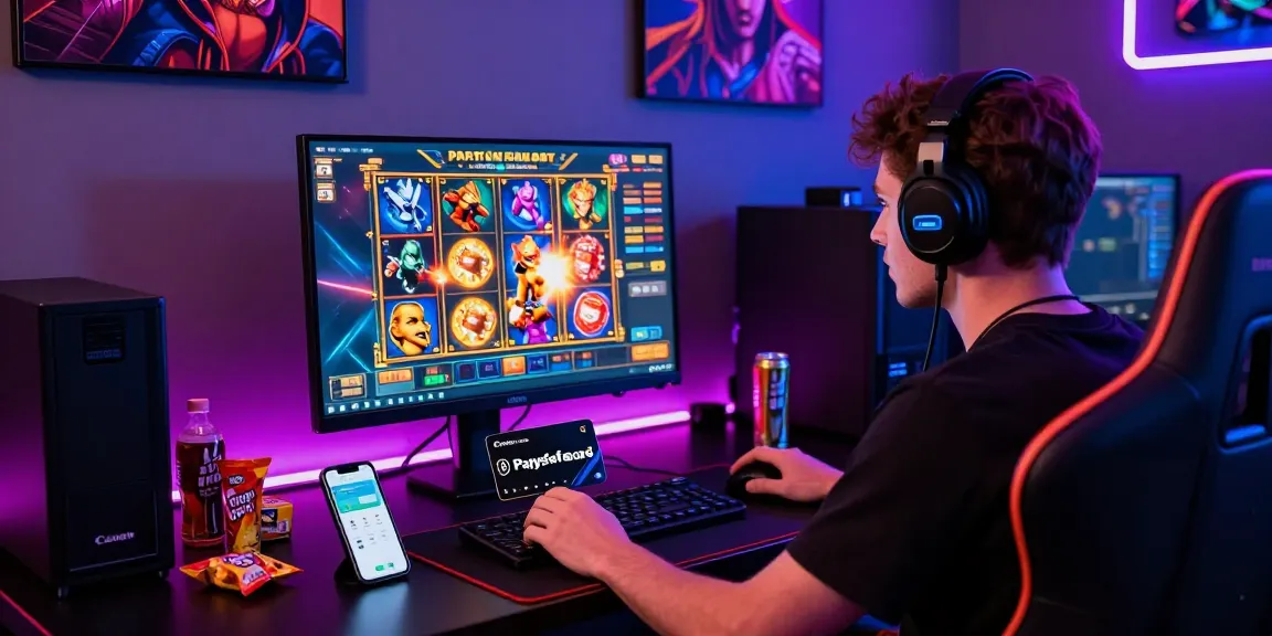 Spieler genießt das Spielen mit der Paysafe Card, die prominent auf dem Tisch angezeigt wird, modernes Gaming-Setup, energetische Atmosphäre.