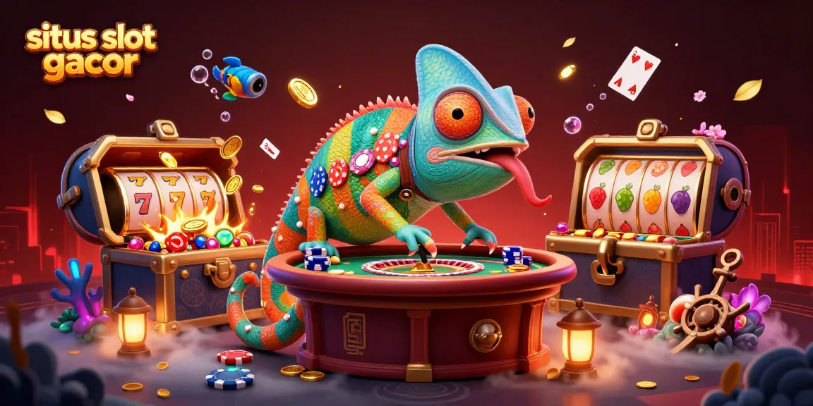 situs slot gacor showcases a vibrant 3D chameleon owner amidst dynamic slot elements, gold coins, and immersive casino details.