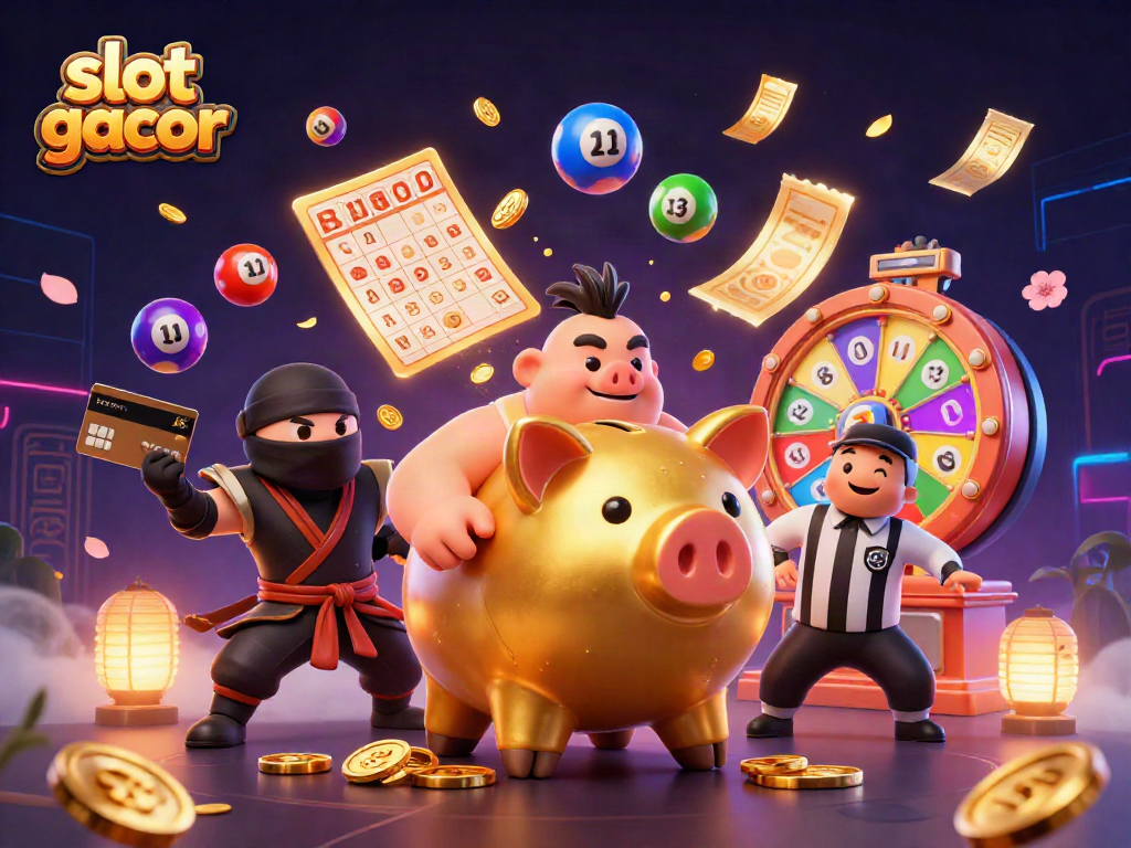 Momen seru dari slot gacor ditampilkan dengan karakter kartun 3D piggy bank sumo dan ninja, memadukan jackpot dan elemen permainan.