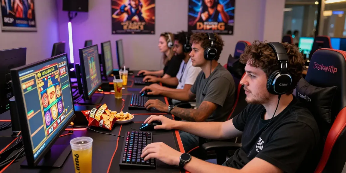 Playbook88 online gaming scene with friends enjoying high RTP slot games and colorful graphics.